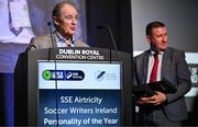 8 December 2023; Brian Kerr and Liam Tuohy junior, son of the late Liam Tuohy, during the SSE Airtricity / Soccer Writers Ireland Awards 2023 at the Dublin Royal Convention Centre in Dublin. Photo by Stephen McCarthy/Sportsfile