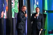 8 December 2023; Peamount United manager James O'Callaghan is interviewed by MC Darragh Maloney, right, during the SSE Airtricity / Soccer Writers Ireland Awards 2023 at the Dublin Royal Convention Centre in Dublin. Photo by Stephen McCarthy/Sportsfile