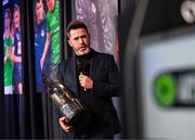 8 December 2023; Shamrock Rovers manager Stephen Bradley with the Men’s Personality of the Year award is interviewed during the SSE Airtricity / Soccer Writers Ireland Awards 2023 at the Dublin Royal Convention Centre in Dublin. Photo by Stephen McCarthy/Sportsfile