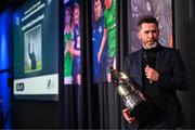 8 December 2023; Shamrock Rovers manager Stephen Bradley with the Men’s Personality of the Year award is interviewed during the SSE Airtricity / Soccer Writers Ireland Awards 2023 at the Dublin Royal Convention Centre in Dublin. Photo by Stephen McCarthy/Sportsfile
