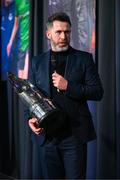 8 December 2023; Shamrock Rovers manager Stephen Bradley with the Men’s Personality of the Year award is interviewed during the SSE Airtricity / Soccer Writers Ireland Awards 2023 at the Dublin Royal Convention Centre in Dublin. Photo by Stephen McCarthy/Sportsfile