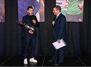 8 December 2023; Shamrock Rovers manager Stephen Bradley with the Men’s Personality of the Year award is interviewed by MC Darragh Maloney during the SSE Airtricity / Soccer Writers Ireland Awards 2023 at the Dublin Royal Convention Centre in Dublin. Photo by Stephen McCarthy/Sportsfile