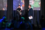 8 December 2023; Shamrock Rovers manager Stephen Bradley with the Men’s Personality of the Year award is interviewed by MC Darragh Maloney during the SSE Airtricity / Soccer Writers Ireland Awards 2023 at the Dublin Royal Convention Centre in Dublin. Photo by Stephen McCarthy/Sportsfile