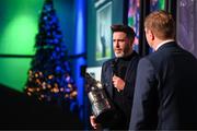 8 December 2023; Shamrock Rovers manager Stephen Bradley with the Men’s Personality of the Year award is interviewed by MC Darragh Maloney during the SSE Airtricity / Soccer Writers Ireland Awards 2023 at the Dublin Royal Convention Centre in Dublin. Photo by Stephen McCarthy/Sportsfile