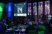 8 December 2023; Shamrock Rovers manager Stephen Bradley with the Men’s Personality of the Year award is interviewed by MC Darragh Maloney during the SSE Airtricity / Soccer Writers Ireland Awards 2023 at the Dublin Royal Convention Centre in Dublin. Photo by Stephen McCarthy/Sportsfile