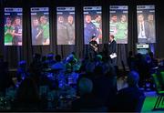 8 December 2023; Shamrock Rovers manager Stephen Bradley with the Men’s Personality of the Year award is interviewed by MC Darragh Maloney during the SSE Airtricity / Soccer Writers Ireland Awards 2023 at the Dublin Royal Convention Centre in Dublin. Photo by Stephen McCarthy/Sportsfile