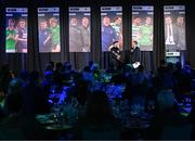 8 December 2023; Shamrock Rovers manager Stephen Bradley with the Men’s Personality of the Year award is interviewed by MC Darragh Maloney during the SSE Airtricity / Soccer Writers Ireland Awards 2023 at the Dublin Royal Convention Centre in Dublin. Photo by Stephen McCarthy/Sportsfile