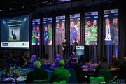 8 December 2023; Shamrock Rovers manager Stephen Bradley with the Men’s Personality of the Year award is interviewed by MC Darragh Maloney during the SSE Airtricity / Soccer Writers Ireland Awards 2023 at the Dublin Royal Convention Centre in Dublin. Photo by Stephen McCarthy/Sportsfile