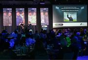 8 December 2023; Shamrock Rovers manager Stephen Bradley with the Men’s Personality of the Year award is interviewed by MC Darragh Maloney during the SSE Airtricity / Soccer Writers Ireland Awards 2023 at the Dublin Royal Convention Centre in Dublin. Photo by Stephen McCarthy/Sportsfile