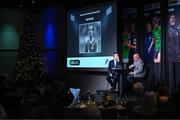 8 December 2023; Liam Brady recipient of the International Achievement award is interviewed by MC Darragh Maloney during the SSE Airtricity / Soccer Writers Ireland Awards 2023 at the Dublin Royal Convention Centre in Dublin. Photo by Stephen McCarthy/Sportsfile