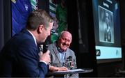 8 December 2023; Liam Brady recipient of the International Achievement award is interviewed by MC Darragh Maloney during the SSE Airtricity / Soccer Writers Ireland Awards 2023 at the Dublin Royal Convention Centre in Dublin. Photo by Stephen McCarthy/Sportsfile