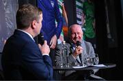 8 December 2023; Liam Brady recipient of the International Achievement award is interviewed by MC Darragh Maloney during the SSE Airtricity / Soccer Writers Ireland Awards 2023 at the Dublin Royal Convention Centre in Dublin. Photo by Stephen McCarthy/Sportsfile