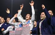 8 December 2023; Nicolas Depoortere of Bordeaux-Begles, centre, celebrates with teammates after their side's victory in the Investec Champions Cup Pool 1 Round 1 match between Connacht and Bordeaux-Begles at The Sportsground in Galway. Photo by Seb Daly/Sportsfile