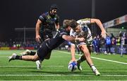 8 December 2023; Pablo Uberti of Bordeaux-Begles scores his side's sixth try, despite the tackle of Connacht's John Porch, during the Investec Champions Cup Pool 1 Round 1 match between Connacht and Bordeaux-Begles at The Sportsground in Galway. Photo by Seb Daly/Sportsfile