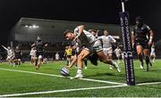 8 December 2023; Pablo Uberti of Bordeaux-Begles scores his side's sixth try, despite the tackle of Connacht's John Porch, during the Investec Champions Cup Pool 1 Round 1 match between Connacht and Bordeaux-Begles at The Sportsground in Galway. Photo by Seb Daly/Sportsfile