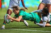 9 December 2023; Aoibheann Reilly of Ireland scores a try  during the Women's Pool B match between Ireland and Brazil during the HSBC SVNS Rugby Tournament at DHL Stadium in Cape Town, South Africa. Photo by Shaun Roy/Sportsfile