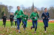 9 December 2023; Ireland athletes, from left, Danielle Donegan, Aoife O'Cuill, Eimear Maher during a course inspection and training session ahead of the SPAR European Cross Country Championships at Laeken Park in Brussels, Belgium. Photo by Sam Barnes/Sportsfile