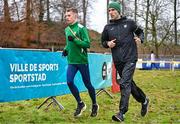 9 December 2023; Ireland athletes Harry Colbert, left, and Hugh Armstrong during a course inspection and training session ahead of the SPAR European Cross Country Championships at Laeken Park in Brussels, Belgium. Photo by Sam Barnes/Sportsfile