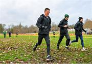9 December 2023; Ireland athletes from left, Michael Morgan, Hugh Armstrong and Brian Fay during a course inspection and training session ahead of the SPAR European Cross Country Championships at Laeken Park in Brussels, Belgium. Photo by Sam Barnes/Sportsfile