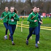 9 December 2023; Ireland athletes, from left, Danielle Donegan, Aoife O'Cuill, Aoife Coffey, and Eimear Maher during a course inspection and training session ahead of the SPAR European Cross Country Championships at Laeken Park in Brussels, Belgium. Photo by Sam Barnes/Sportsfile