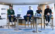9 December 2023; Speakers, from left, MC Domnhall Nugent, Let's Face It, Antrim hurler Paddy Burke, Cavan ladies footballer Neasa Byrd and Meath ladies footballer Vikki Wall during the GPA Rookie Camp at the Crowne Plaza Hotel in Belfast. Photo by Ben McShane/Sportsfile