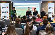 9 December 2023; Speakers, from left, MC Domnhall Nugent, Let's Face It, Antrim hurler Paddy Burke, Cavan ladies footballer Neasa Byrd and Meath ladies footballer Vikki Wall during the GPA Rookie Camp at the Crowne Plaza Hotel in Belfast. Photo by Ben McShane/Sportsfile