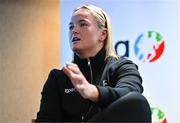 9 December 2023; Meath ladies footballer Vikki Wall addresses the audience during the GPA Rookie Camp at the Crowne Plaza Hotel in Belfast. Photo by Ben McShane/Sportsfile