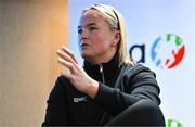 9 December 2023; Meath ladies footballer Vikki Wall addresses the audience during the GPA Rookie Camp at the Crowne Plaza Hotel in Belfast. Photo by Ben McShane/Sportsfile