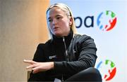 9 December 2023; Meath ladies footballer Vikki Wall addresses the audience during the GPA Rookie Camp at the Crowne Plaza Hotel in Belfast. Photo by Ben McShane/Sportsfile