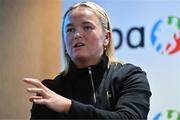 9 December 2023; Meath ladies footballer Vikki Wall addresses the audience during the GPA Rookie Camp at the Crowne Plaza Hotel in Belfast. Photo by Ben McShane/Sportsfile