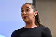 9 December 2023; Cavan ladies footballer Neasa Byrd addresses the audience during the GPA Rookie Camp at the Crowne Plaza Hotel in Belfast. Photo by Ben McShane/Sportsfile