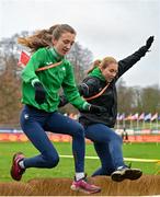 9 December 2023; Ireland athletes Aoife O'Cuill, left, and Anika Thompson during a course inspection and training session ahead of the SPAR European Cross Country Championships at Laeken Park in Brussels, Belgium. Photo by Sam Barnes/Sportsfile