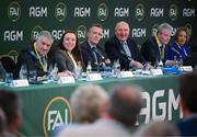 9 December 2023; Members of the top table, from left, outgoing FAI vice-president Paul Cooke, FAI board member Niamh O’Mahony, FAI chief executive Jonathan Hill, Outgoing FAI president Gerry McAnaney, FAI company secretary Gerry Egan and FAI board member and independent director Maeve McMahon during an extraordinary general meeting in advance of the Football Association of Ireland's annual general meeting at the Radisson Blu St. Helen's Hotel in Dublin. Photo by Stephen McCarthy/Sportsfile