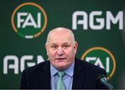 9 December 2023; Outgoing FAI president Gerry McAnaney during an extraordinary general meeting in advance of the Football Association of Ireland's annual general meeting at the Radisson Blu St. Helen's Hotel in Dublin. Photo by Stephen McCarthy/Sportsfile