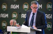 9 December 2023; FAI chief executive Jonathan Hill addresses the assembly during the annual general meeting of the Football Association of Ireland at the Radisson Blu St. Helen's Hotel in Dublin. Photo by Stephen McCarthy/Sportsfile