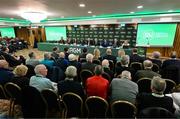 9 December 2023; A general view during an extraordinary general meeting in advance of the Football Association of Ireland's annual general meeting at the Radisson Blu St. Helen's Hotel in Dublin. Pictured at the top table are, from left, FAI board member and chairperson of the amateur and youth committee John Finnegan, FAI board member Robert Watt, outgoing FAI vice-president Paul Cooke, FAI board member Niamh O’Mahony, FAI chief executive Jonathan Hill, outgoing FAI president Gerry McAnaney, FAI company secretary Gerry Egan, FAI board member and independent director Maeve McMahon, FAI board member Joe O'Brien and FAI board member and independent director Catherine Guy. Photo by Stephen McCarthy/Sportsfile