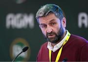 9 December 2023; FAI vice-president nominee John Finnegan addresses the assembly during the annual general meeting of the Football Association of Ireland at the Radisson Blu St. Helen's Hotel in Dublin. Photo by Stephen McCarthy/Sportsfile