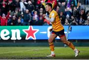 9 December 2023; Billy Burns of Ulster celebrates after scoring his side's first try during the Investec Champions Cup Pool 2 Round 1 match between Bath and Ulster at The Recreational Ground in Bath, England. Photo by Matt Impey/Sportsfile
