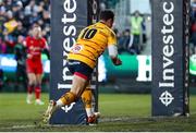 9 December 2023; Billy Burns of Ulster scores his side's first try during the Investec Champions Cup Pool 2 Round 1 match between Bath and Ulster at The Recreational Ground in Bath, England. Photo by Matt Impey/Sportsfile