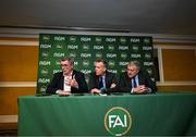 9 December 2023; Newly elected FAI chairperson Tony Keohane, left, FAI chief executive Jonathan Hill and newly elected FAI president Paul Cooke, right, during a press conference following the annual general meeting of the Football Association of Ireland at the Radisson Blu St. Helen's Hotel in Dublin. Photo by Stephen McCarthy/Sportsfile
