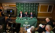 9 December 2023; Newly elected FAI chairperson Tony Keohane, left, FAI chief executive Jonathan Hill and newly elected FAI president Paul Cooke, right, during a press conference following the annual general meeting of the Football Association of Ireland at the Radisson Blu St. Helen's Hotel in Dublin. Photo by Stephen McCarthy/Sportsfile