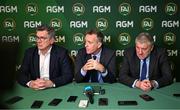 9 December 2023; Newly elected FAI chairperson Tony Keohane, left, FAI chief executive Jonathan Hill and newly elected FAI president Paul Cooke, right, during a press conference following the annual general meeting of the Football Association of Ireland at the Radisson Blu St. Helen's Hotel in Dublin. Photo by Stephen McCarthy/Sportsfile