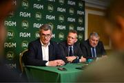 9 December 2023; Newly elected FAI chairperson Tony Keohane, left, FAI chief executive Jonathan Hill and newly elected FAI president Paul Cooke, right, during a press conference following the annual general meeting of the Football Association of Ireland at the Radisson Blu St. Helen's Hotel in Dublin. Photo by Stephen McCarthy/Sportsfile