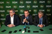 9 December 2023; Newly elected FAI chairperson Tony Keohane, left, FAI chief executive Jonathan Hill and newly elected FAI president Paul Cooke, right, during a press conference following the annual general meeting of the Football Association of Ireland at the Radisson Blu St. Helen's Hotel in Dublin. Photo by Stephen McCarthy/Sportsfile