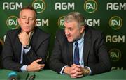 9 December 2023; Newly elected FAI president Paul Cooke, right, and FAI chief executive Jonathan Hill during a press conference following the annual general meeting of the Football Association of Ireland at the Radisson Blu St. Helen's Hotel in Dublin. Photo by Stephen McCarthy/Sportsfile