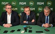 9 December 2023; Newly elected FAI chairperson Tony Keohane, left, FAI chief executive Jonathan Hill and newly elected FAI president Paul Cooke, right, during a press conference following the annual general meeting of the Football Association of Ireland at the Radisson Blu St. Helen's Hotel in Dublin. Photo by Stephen McCarthy/Sportsfile