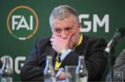 9 December 2023; Paul Cooke reacts as he is announced the newly elected FAI president during the annual general meeting of the Football Association of Ireland at the Radisson Blu St. Helen's Hotel in Dublin. Photo by Stephen McCarthy/Sportsfile