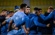 9 December 2023; Joe McCarthy in a team huddle during a Leinster Rugby captain's run at Stade Marcel Deflandre in La Rochelle, France.  Photo by Harry Murphy/Sportsfile