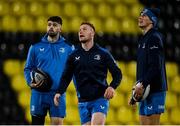 9 December 2023; Leinster players, from left, Harry Byrne, Ciarán Frawley and Sam Prendergast during a Leinster Rugby captain's run at Stade Marcel Deflandre in La Rochelle, France.  Photo by Harry Murphy/Sportsfile