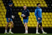 9 December 2023; Leinster players, from left, Sam Prendergast, Ciarán Frawley and Harry Byrne during a Leinster Rugby captain's run at Stade Marcel Deflandre in La Rochelle, France.  Photo by Harry Murphy/Sportsfile